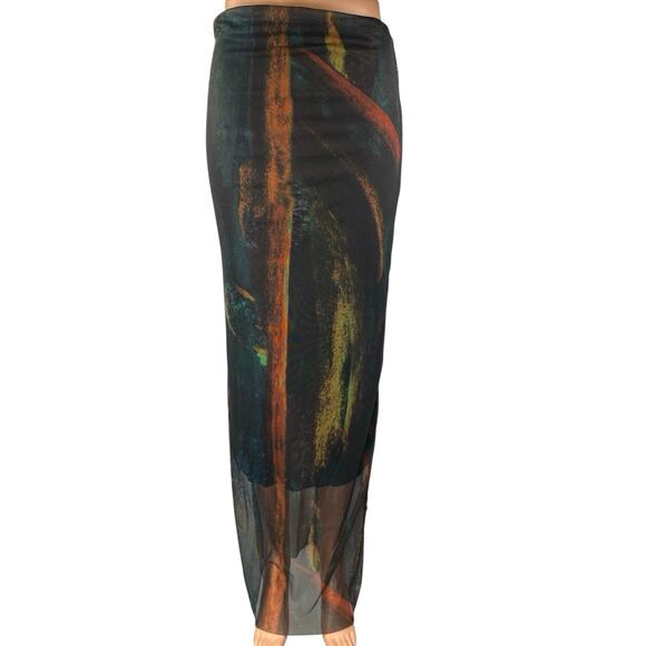 Women's Black Multicolor Abstract Paint Mesh High Waisted Maxi Skirt Size S - Picture 1 of 3